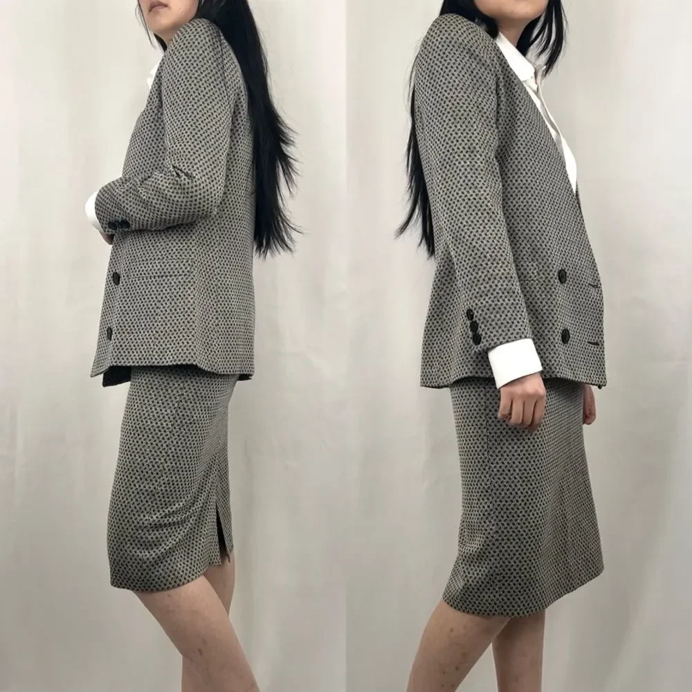 Vintage 80s 90s Christian Dior 100% Wool Monochrome Plaid Skirt Suit Set